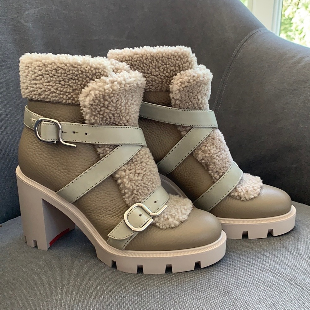 Christian Louboutin Pole Chic 70 Champignon Leather Shearling Block Heel Boots